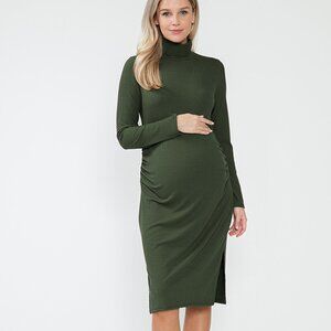 Maternity Mock Neck Long Sleeve Green Fall Bodycon Slit Midi Dress